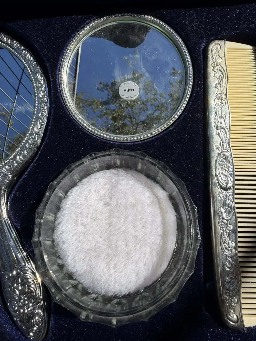 Vntg”Never Used”SilverPlated HandMirror Hair Brush Comb & Powder Jar Vanity Set